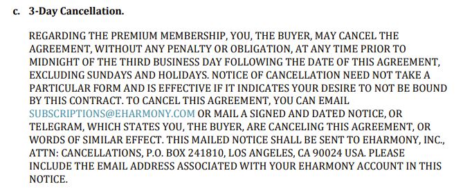 Eharmony Terms Section 12c Screenshot Explaining the 3-Day Cancellation Policy