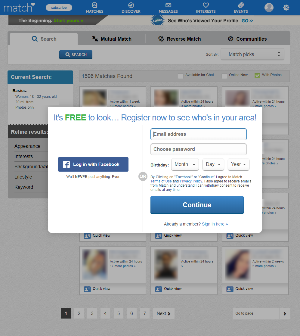 match.com sign up screen