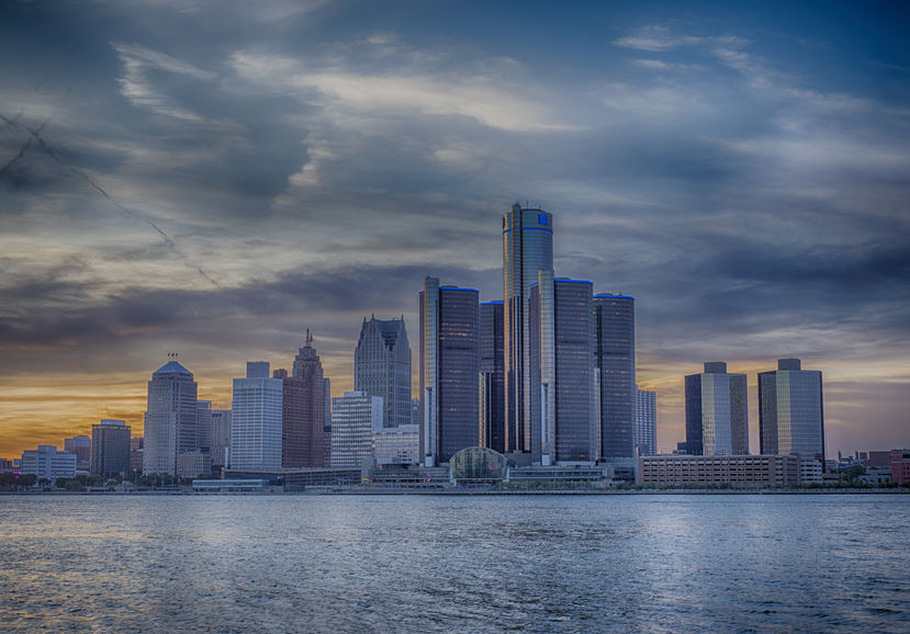 A view of Detroit skyline at sunset with dramatic HDR effect
