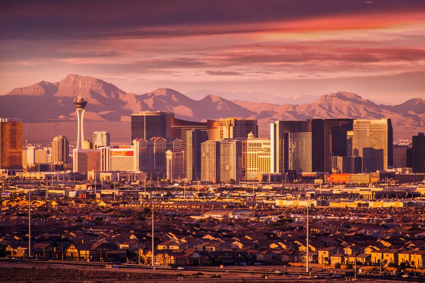 Famous Las Vegas Strip Skyline at Sunset. Vegas Strip Facing West. Nevada, USA.