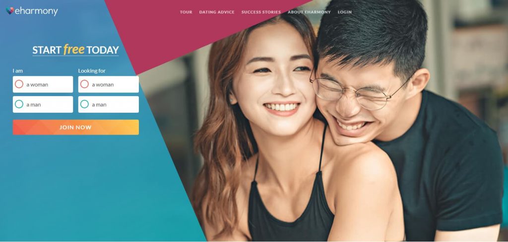 Asian couple embracing on eHarmony dating app