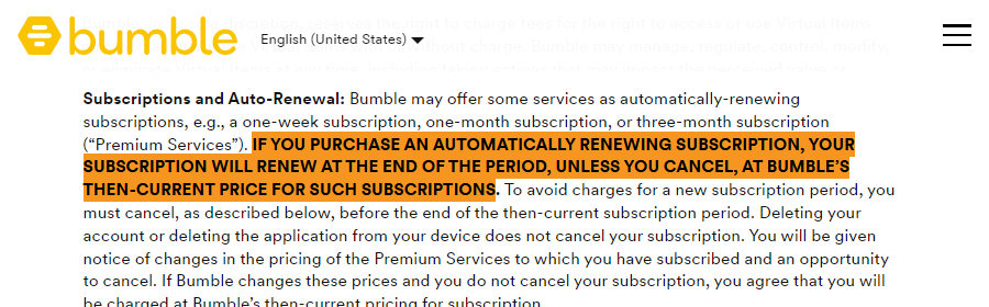 Screenshot of Bumble's Auto-renewal policy from section 5 of the Bumble Terms and Conditions