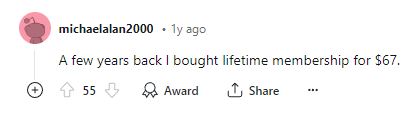 Screenshot of a Reddit user claiming to have bought lifetime Bumble membership for $67