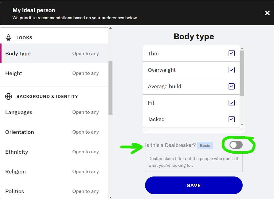 preferences and deal breakers on okcupid