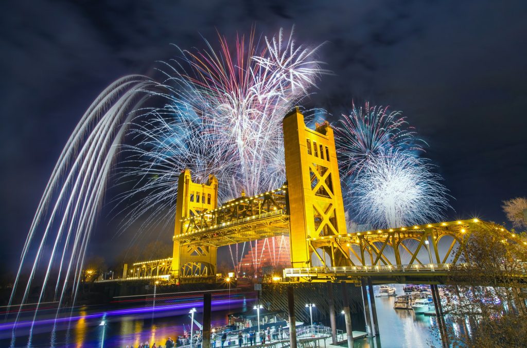 Sacramento bridge with fireworks