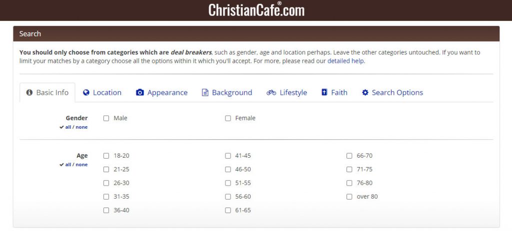 Christian Cafe Search Filters