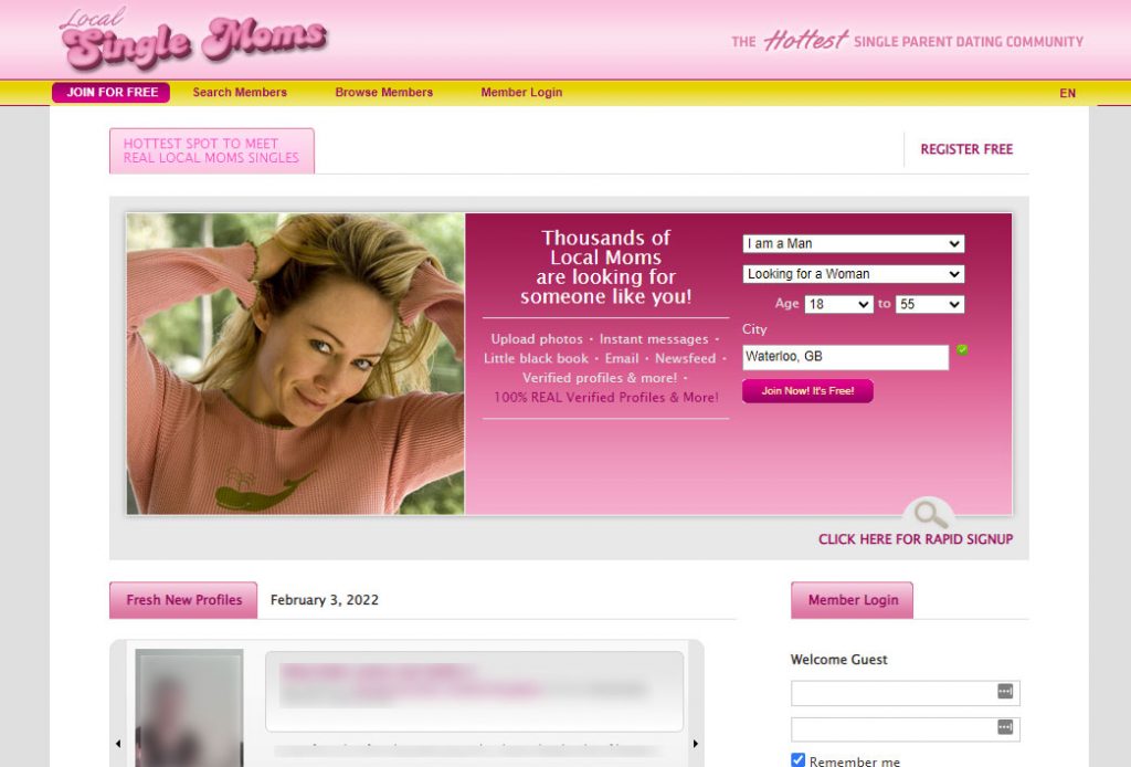 Local Single Moms Homepage Screenshot