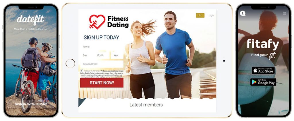 Fitness Dating Apps - Mobile Screenshots of Datefit, FitnessDating, and Fitafy