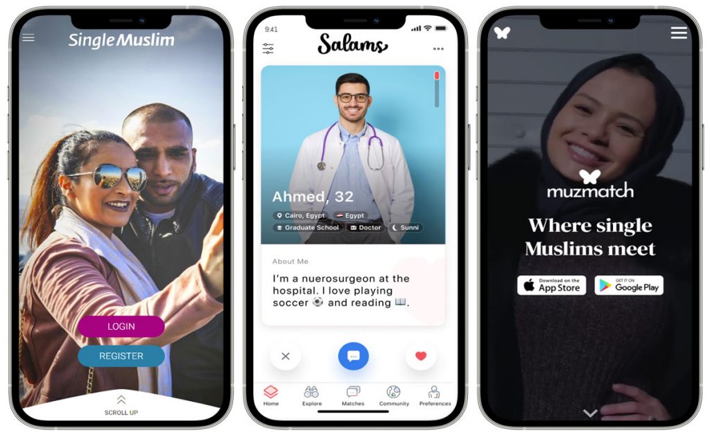 Muslim Dating Apps - Mobile Screenshots of MuzMatch, Salans, and Single Muslim