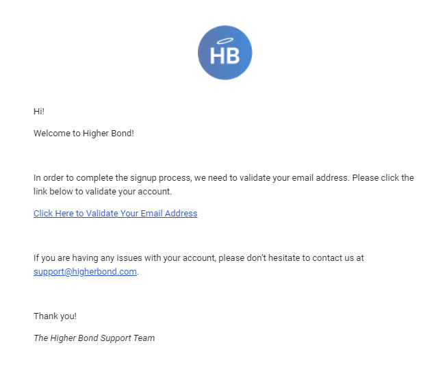 Higher Bond Confirmation Email Screenshot