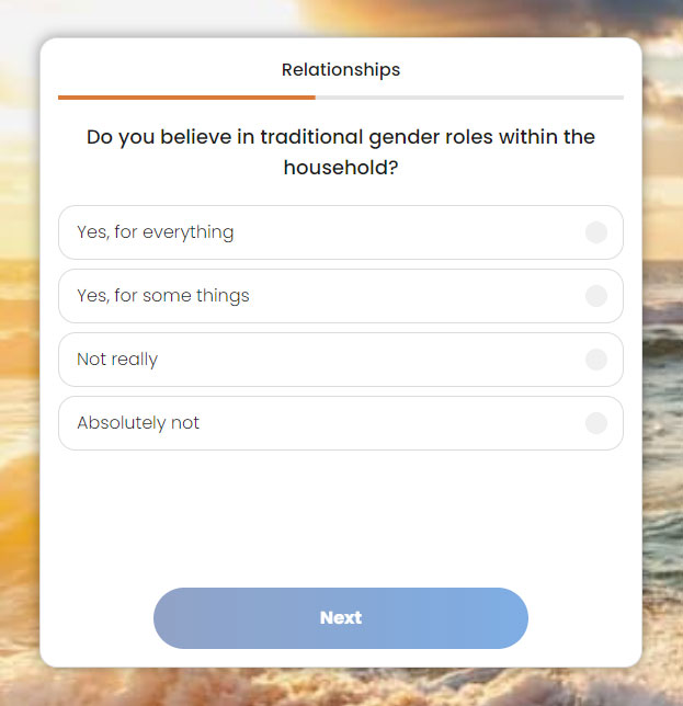 Higher Bond Signup Question Screenshot - "Do you believe in traditional gender roles within the household?"
