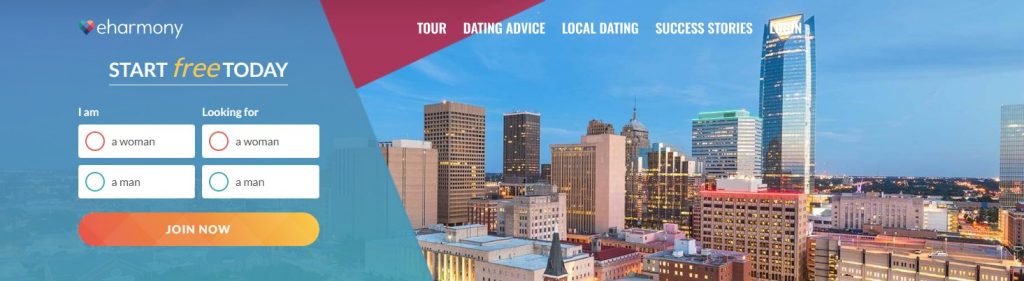 dating app log in page with Oklahoma City in the background