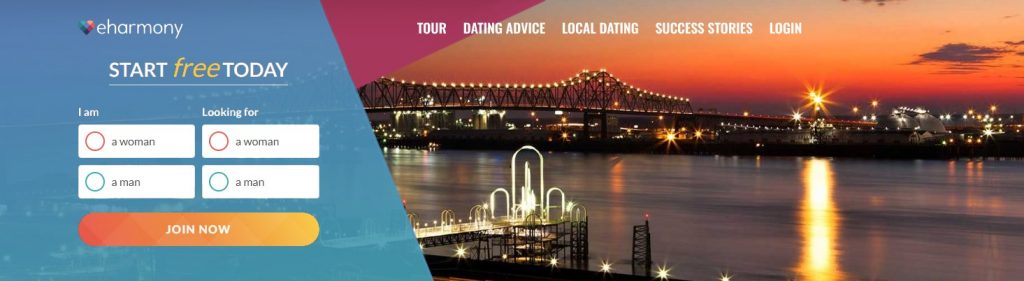 eHarmony dating app log in screenshot with the bridges and rivers of Louisiana in the background