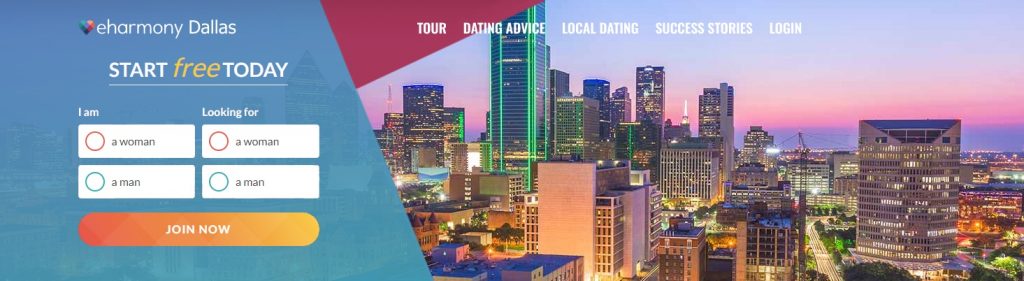 eHarmony homepage with Dallas in the background