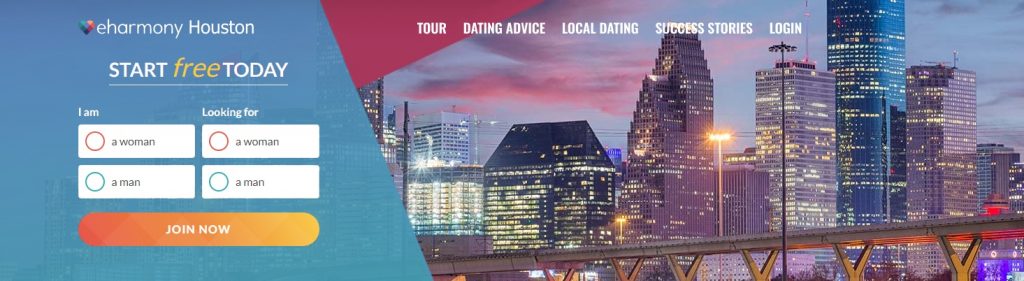 eHarmony dating app screenshot with Houston in the background