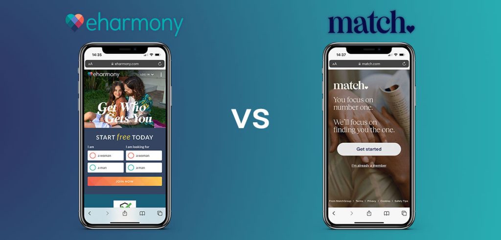 eharmony and match screenshots with logos on cell phones