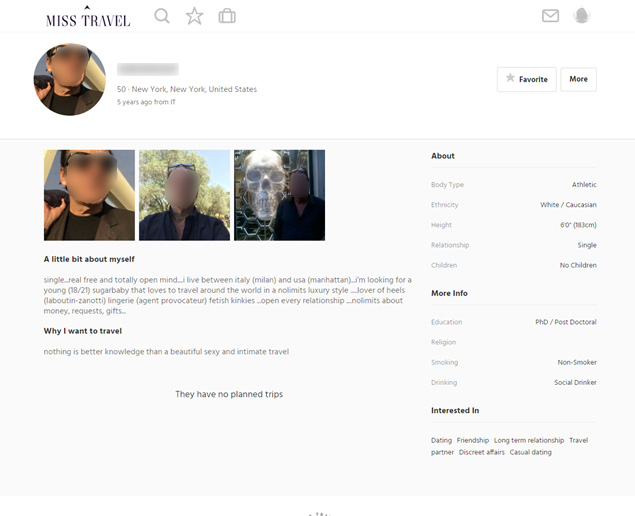 Screenshot of an Aggressive Male Miss Travel User's Profile