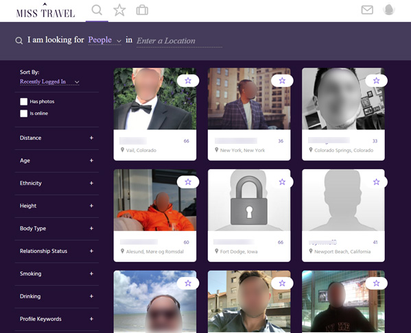 Screenshot of Profiles and Filters on Miss Travel