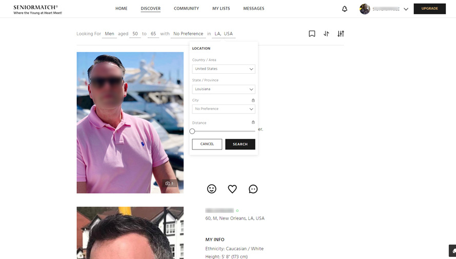 Screenshot of Using SeniorMatch's Basic Location Search Feature