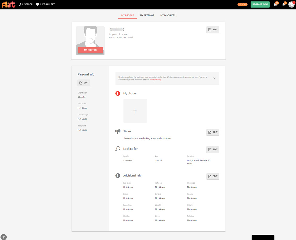 Screenshot of a Blank Flirt.com Profile