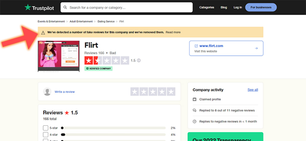 Screenshot of Trustpilot notifying users of their attempts to remove fake Flirt.com reviews