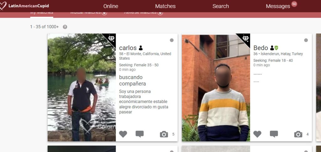 Screenshot showing 2 LatinAmericanCupid Diamond profiles