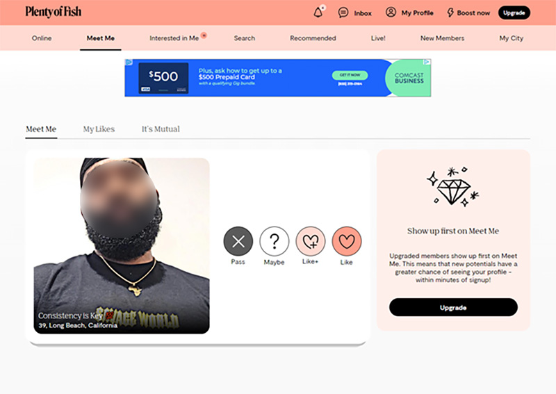 Screenshot of Plenty of Fish Meet Me Feature