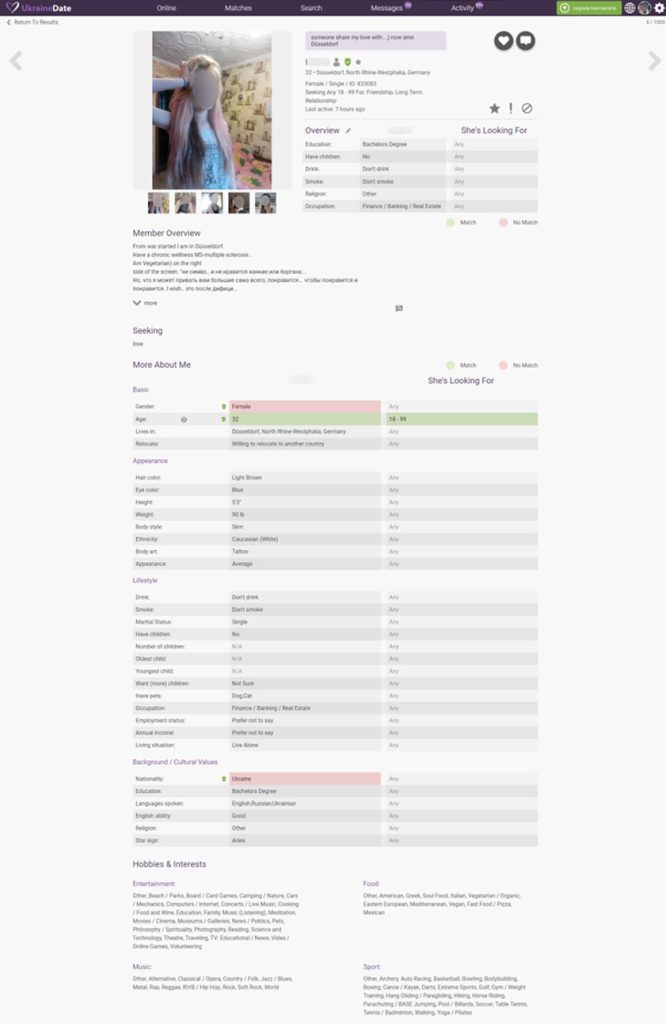 Screenshot of a full female user's UkraineDate profile