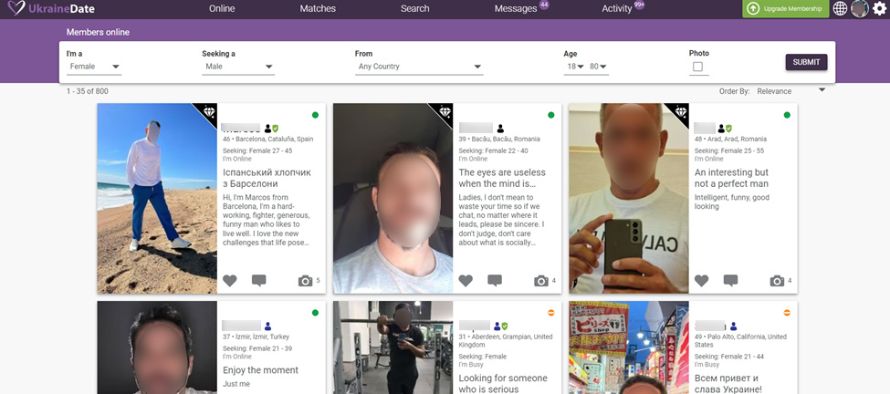 Screenshot showing 800 male profiles online on UkraineDate