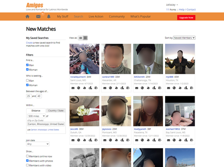 Screenshot of browsing profiles on Amigos.com
