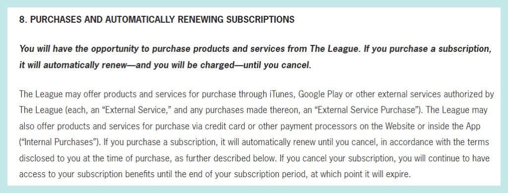 Screenshot of Point 8 of The League's Terms of Service Agreement - Discussing Purchases and Automatic Subscriptions Renewals