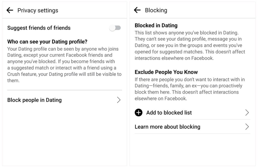 Screenshots of Facebook Dating Block Settings