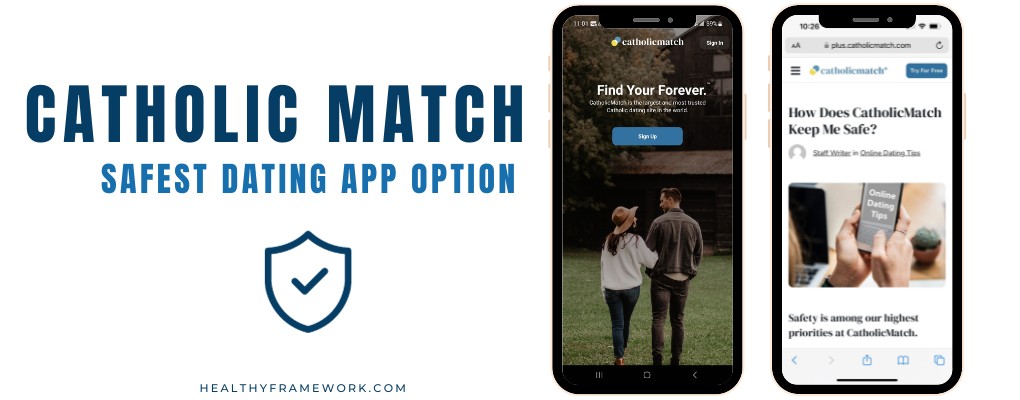 Catholic Match dating app screenshots of safety features and information