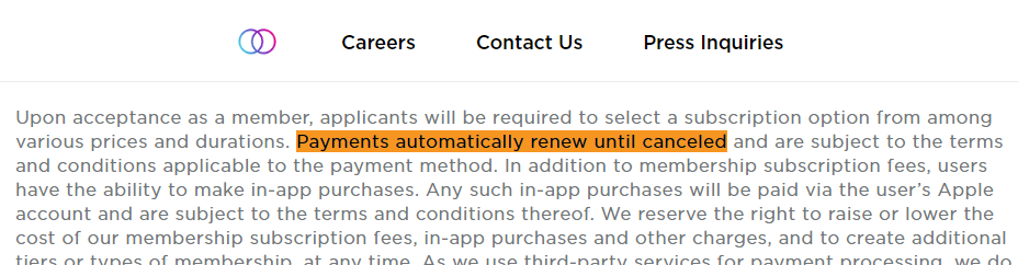 Raya Terms of Use Screenshot Highlighting Automatic Renewal Policy