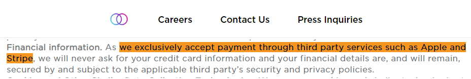 Screenshot of Third Party Payment options from the Raya Privacy Policy