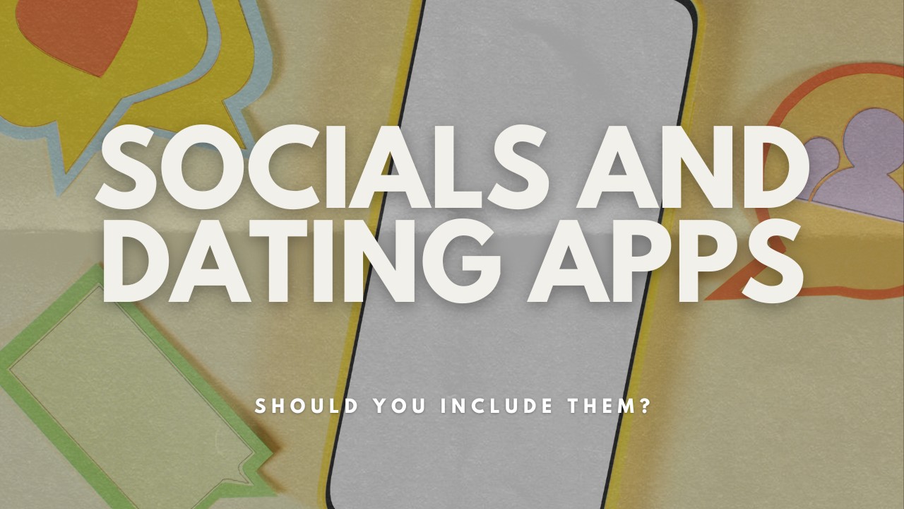 Header image that says social and dating apps with social media icons in the background